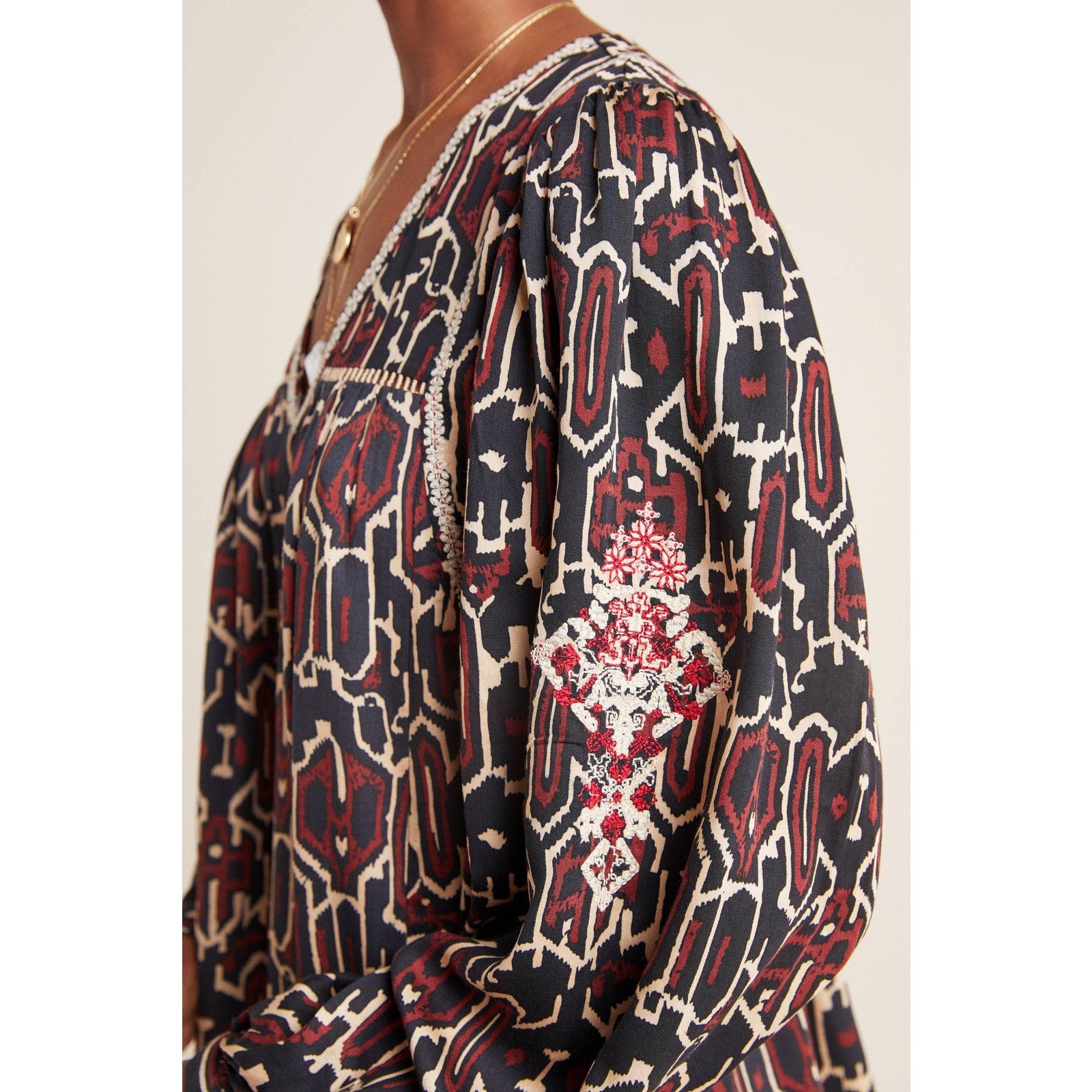 New Anthropologie Maeve Veda Embroidered Peasant Blouse $148 SMALL Brown Motif