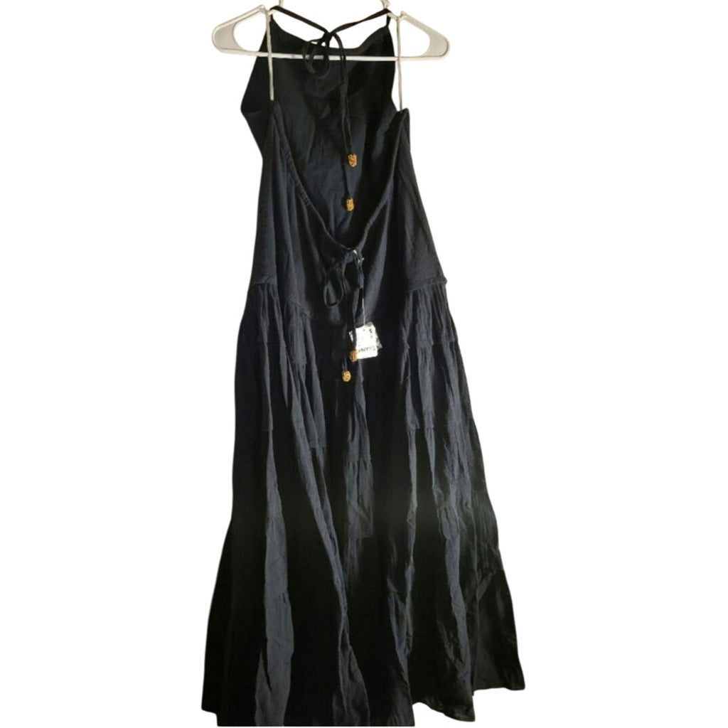 New FREE PEOPLE Somewhere Sunny Drop-Waist Boho Maxi Dress $118 X-SMALL Black