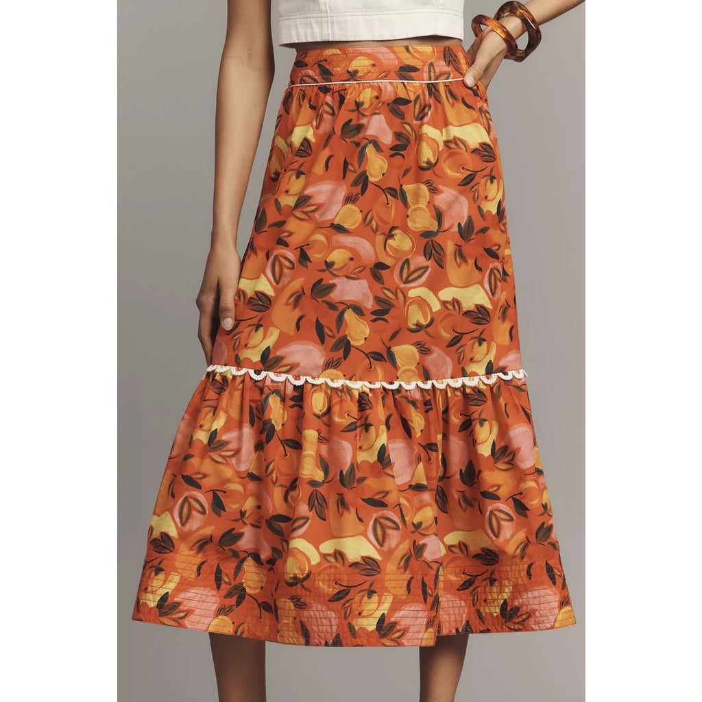 New Anthropologie Farm Rio Tiered Flare-Hem Midi Skirt $178 X-Large Red Fruit XL