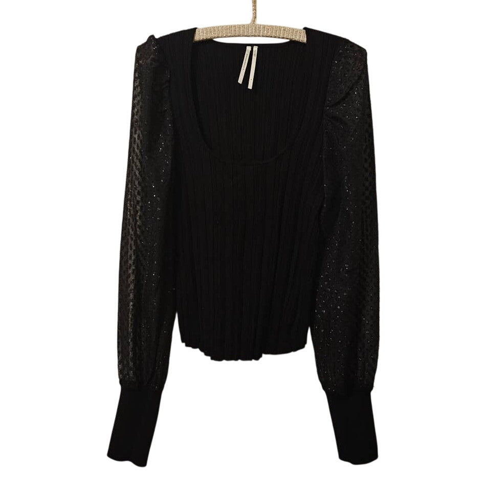 New By Anthropologie Puff-Sleeve Shimmer Pullover Sweater $128 MEDIUM Black Anthropologie
