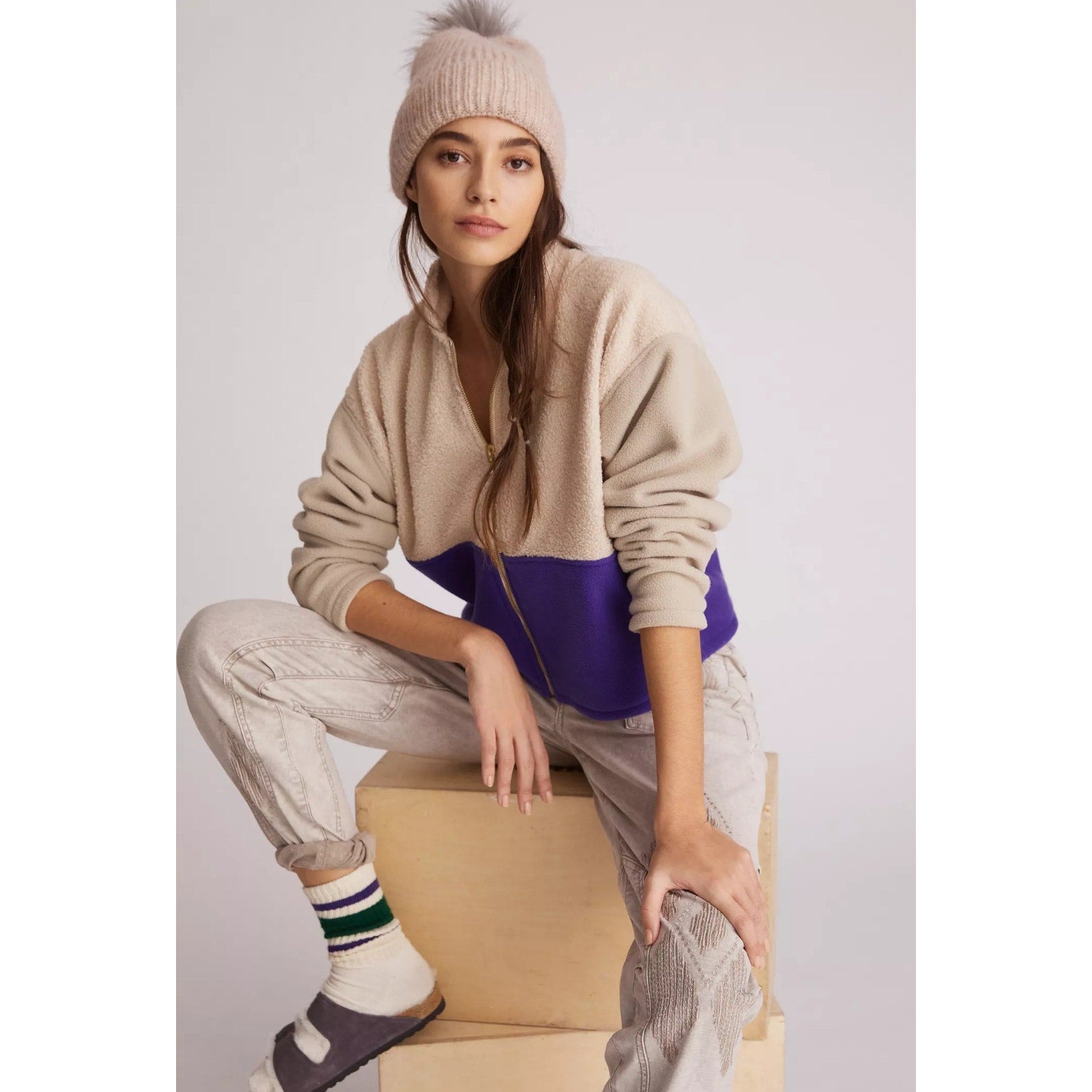 New Anthropologie DONNI Colorblocked Sherpa Jacket $324 XL Cream