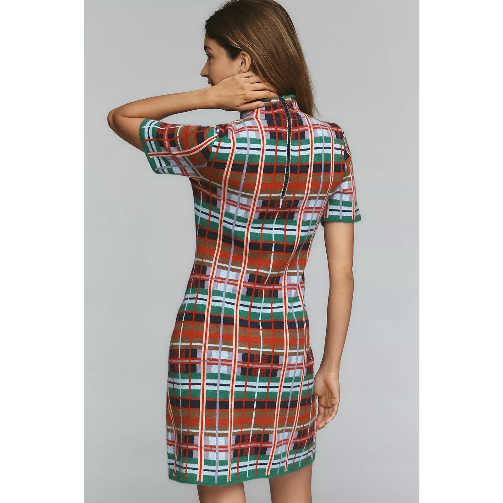 By Anthropologie Mock-Neck Short-Sleeve Mini Shift Dress Small Multi Plaid Anthropologie