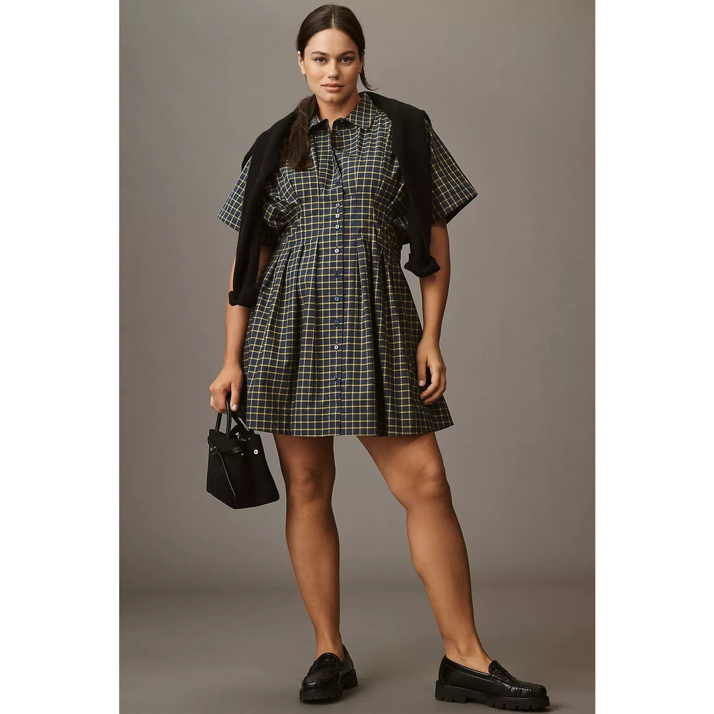 Blue plaid mini shirt dress with collar, button front, and short sleeves