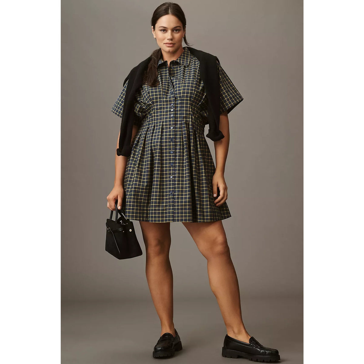 Blue plaid mini shirt dress with collar, button front, and short sleeves
