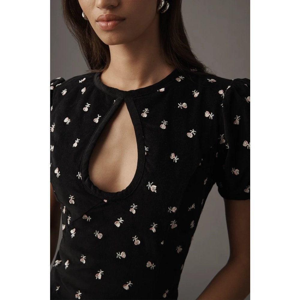 Anthropologie Maeve Puff-Sleeve Keyhole Embroidered Mini Dress $178 Sz 6