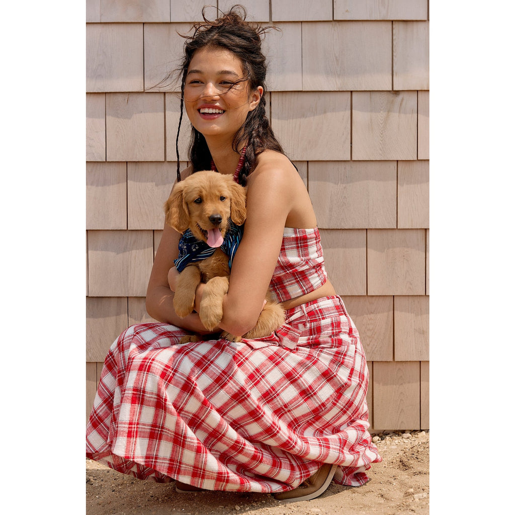 FREE PEOPLE After You Set MAXI SKIRT + CROP TOP Set MEDIUM Red Plaid Free People