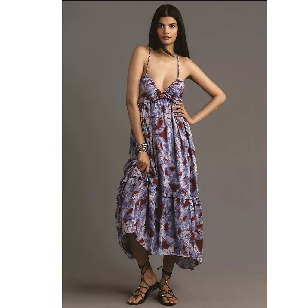 New By Anthropologie Sleeveless V-Neck A-Line Midi Dress $228 LARGE Blue Motif