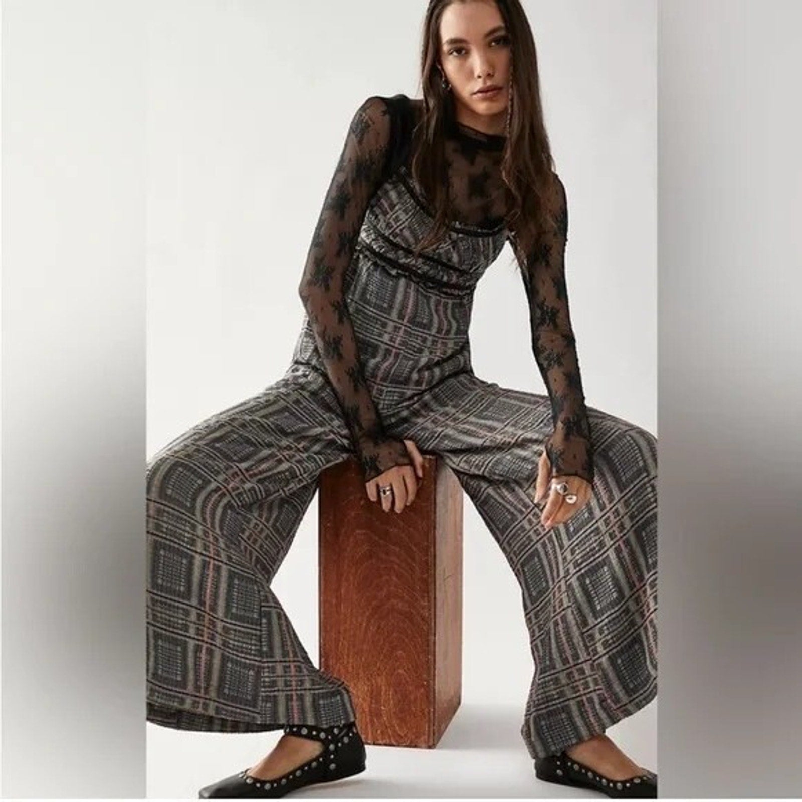 New Free People Marley Plaid One-Piece Jumpsuit $188 SMALL Wide-Leg