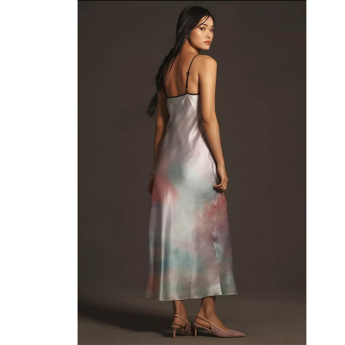 Anthropologie Geisha Designs Printed Slip Midi Dress $188 SMALL Pink SATIN