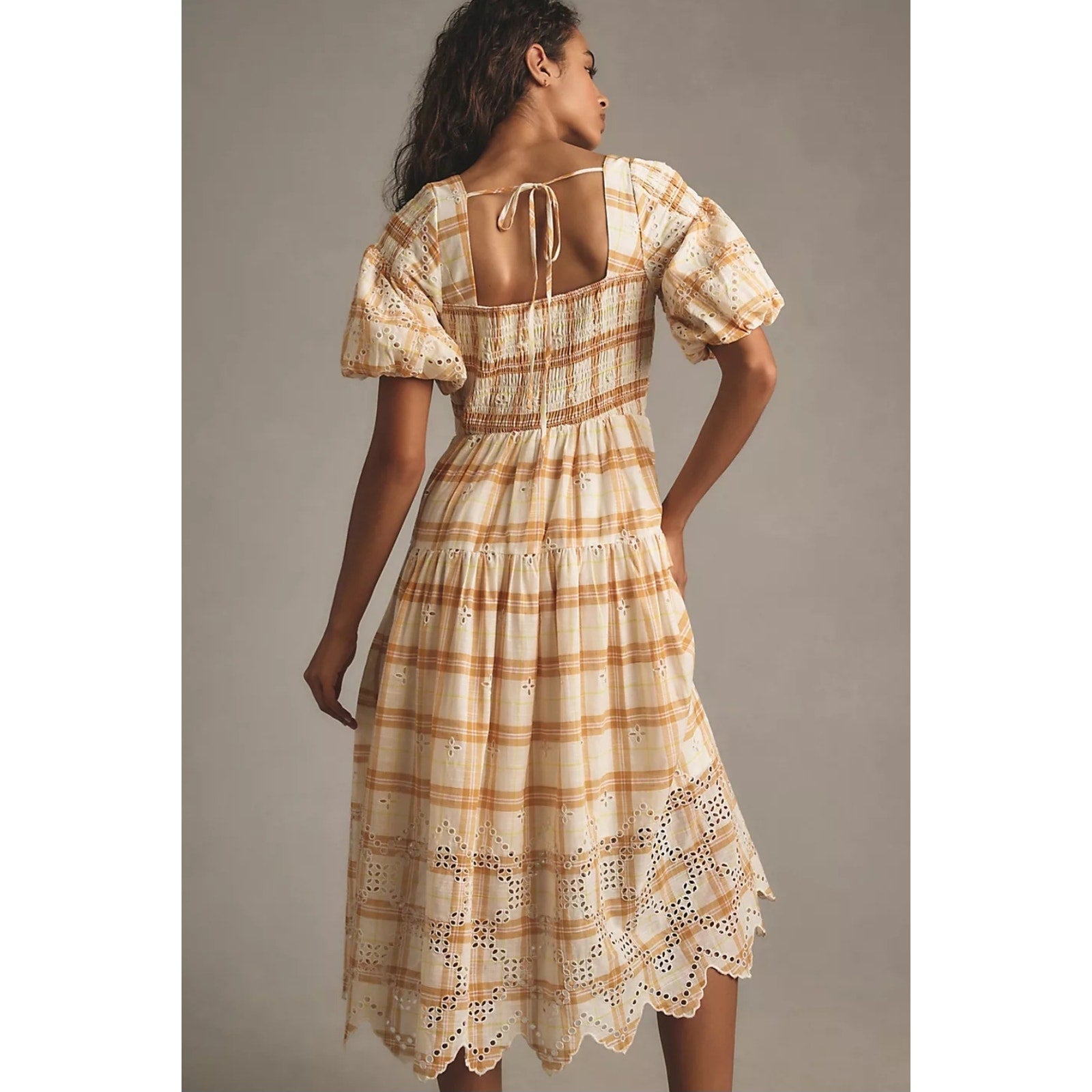 New By Anthropologie Puff-Sleeve Eyelet Midi Dress $188 X-SMALL Yellow