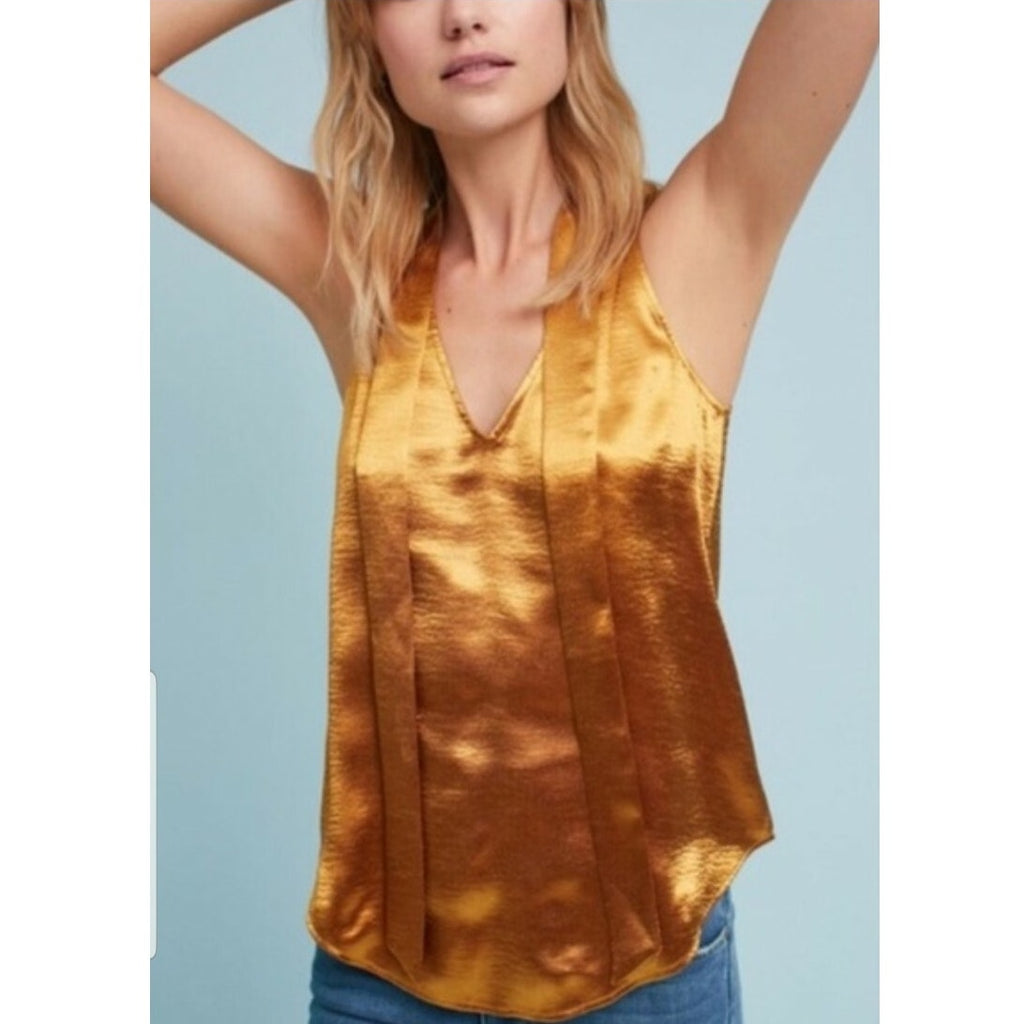 NEW Anthropologie Maeve Liquid Gold Satin Bow Tie Blouse Tank Size 2
