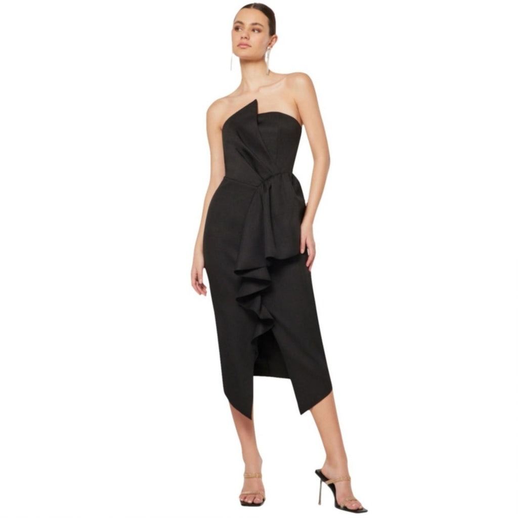 New Elliatt Reception Ruffled Strapless Dress $170 SMALL Black Midi LBD