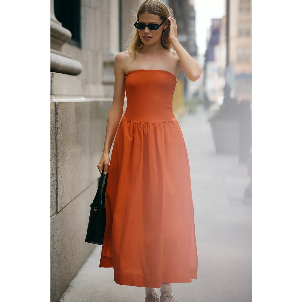 Anthropologie Stateside Strapless Twofer Midi Dress SMALL Fiesta Red Anthropologie