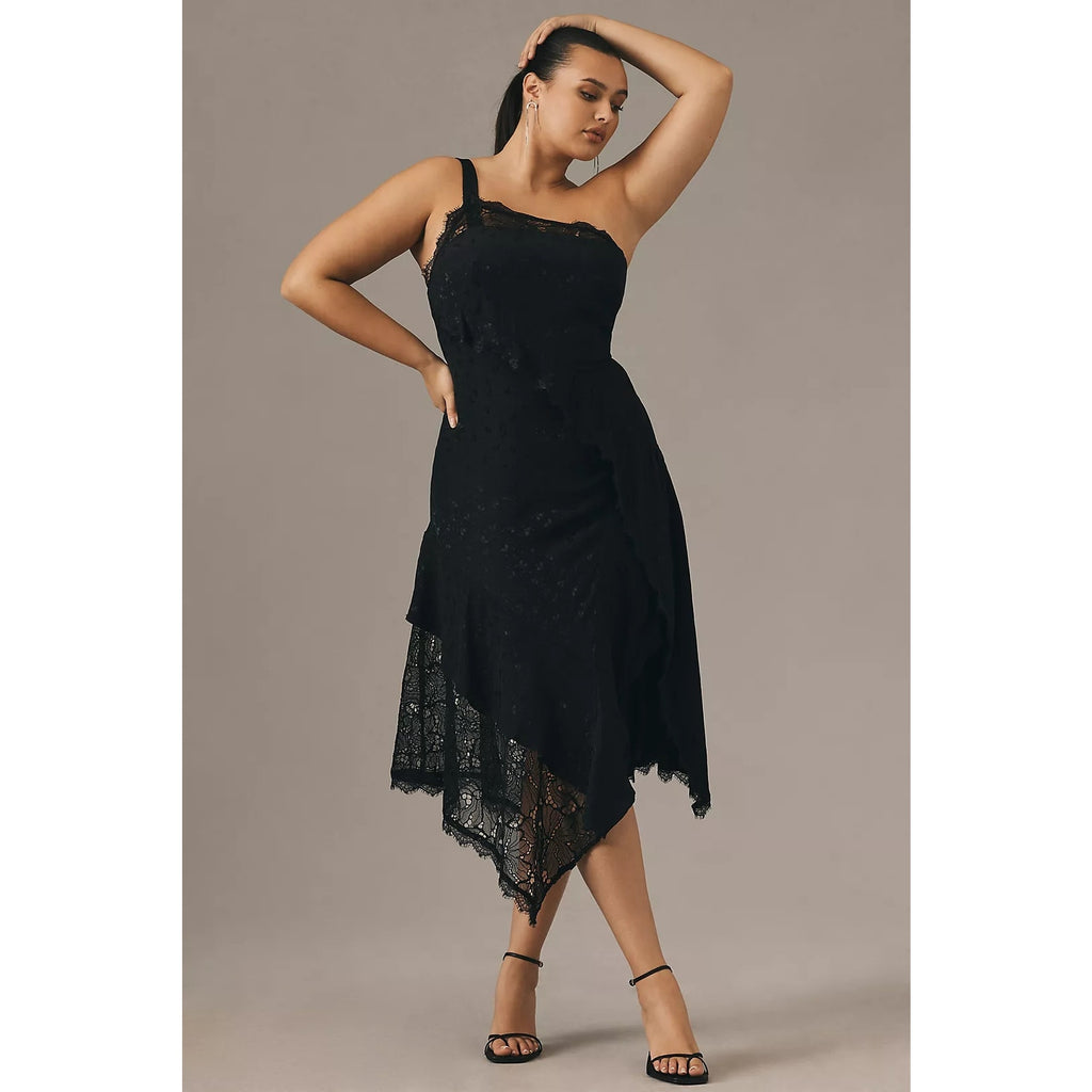 Anthropologie Asymmetrical Lace Maxi Dress $198 SIZE 14P Black ONE SHOULDER