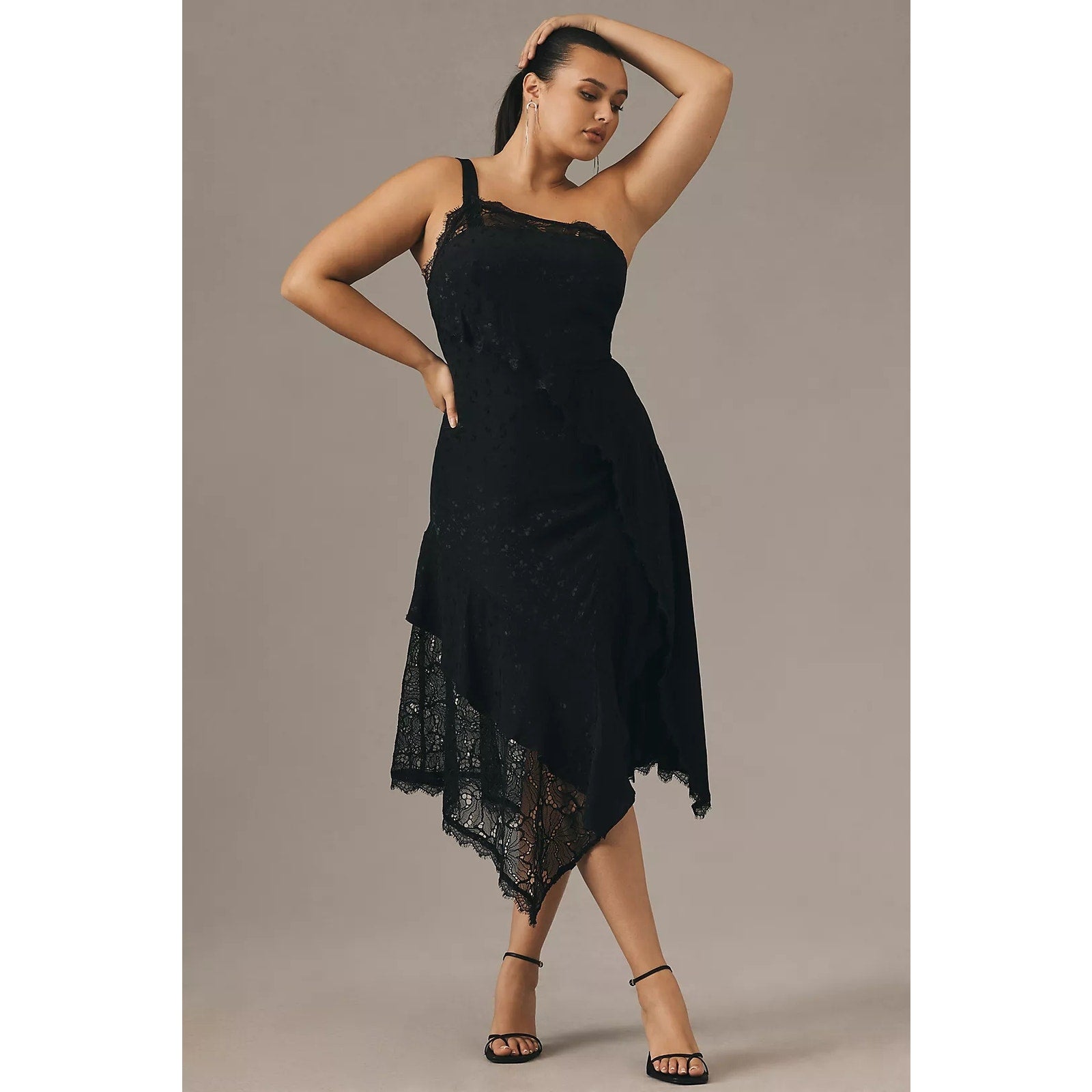 Anthropologie Asymmetrical Lace Maxi Dress $198 SIZE 14P Black ONE SHOULDER