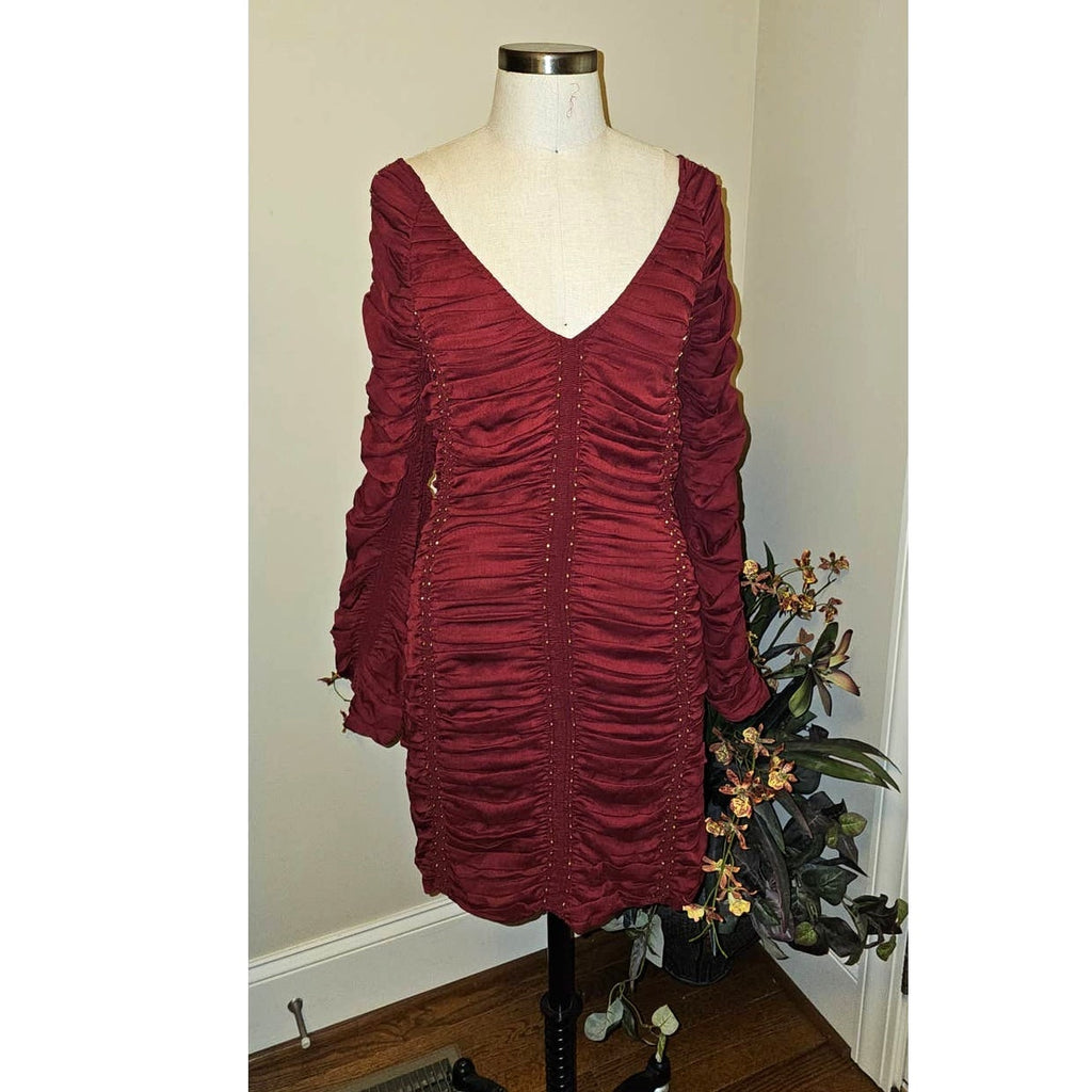 New FREE PEOPLE Western Romance Long Sleeve Mini Dress  $448 X-SMALL Red