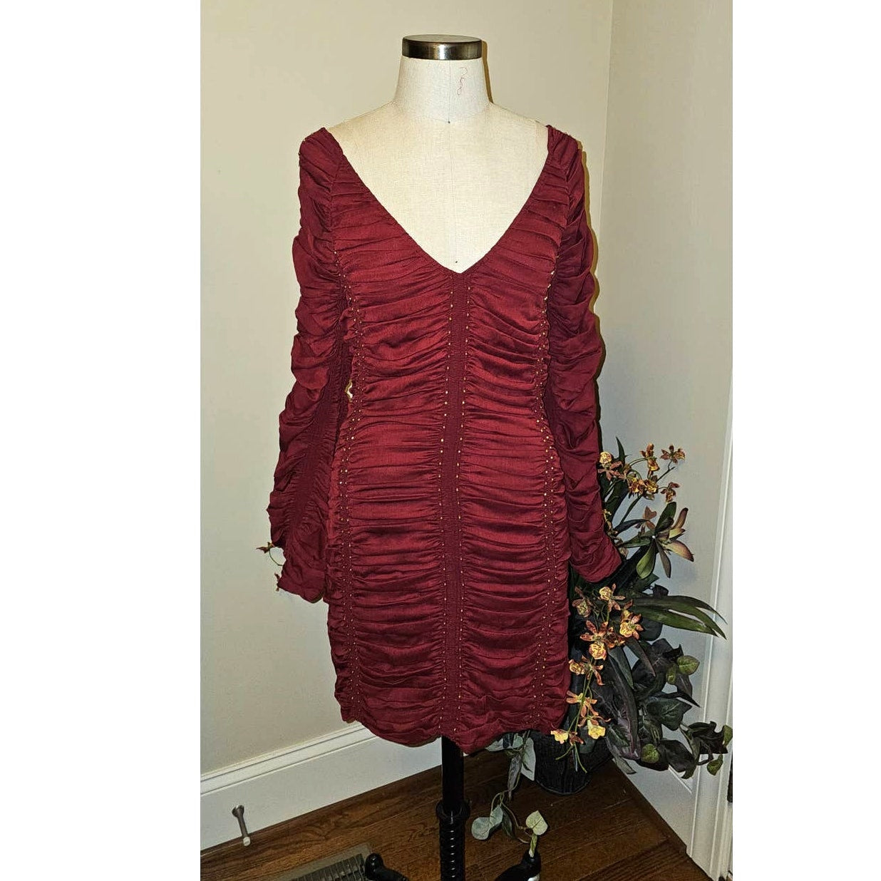 New FREE PEOPLE Western Romance Long Sleeve Mini Dress  $448 X-SMALL Red