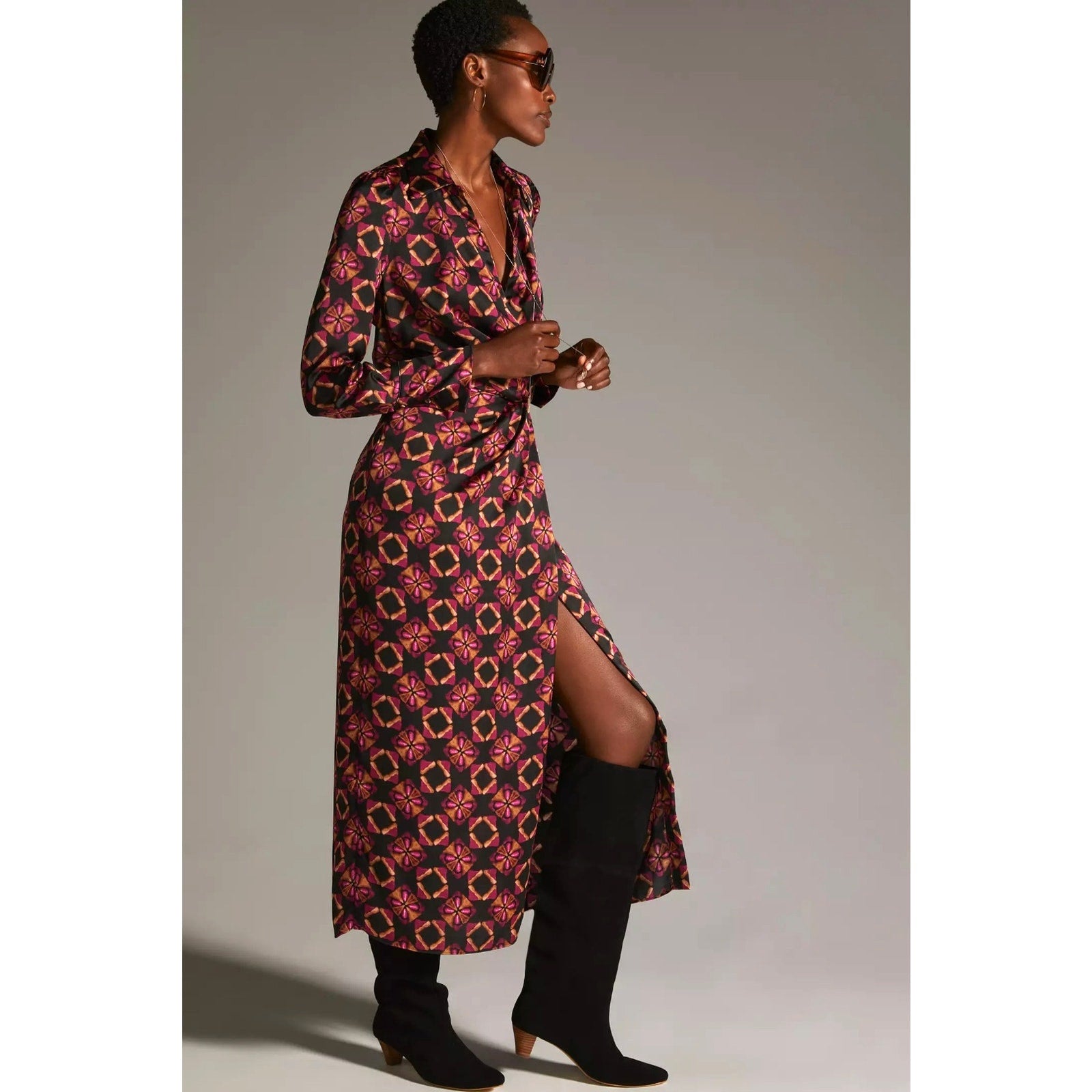 New Anthropologie x MISA Long-Sleeve Wrap Dress $435 XS Black & Pink Motif Geo