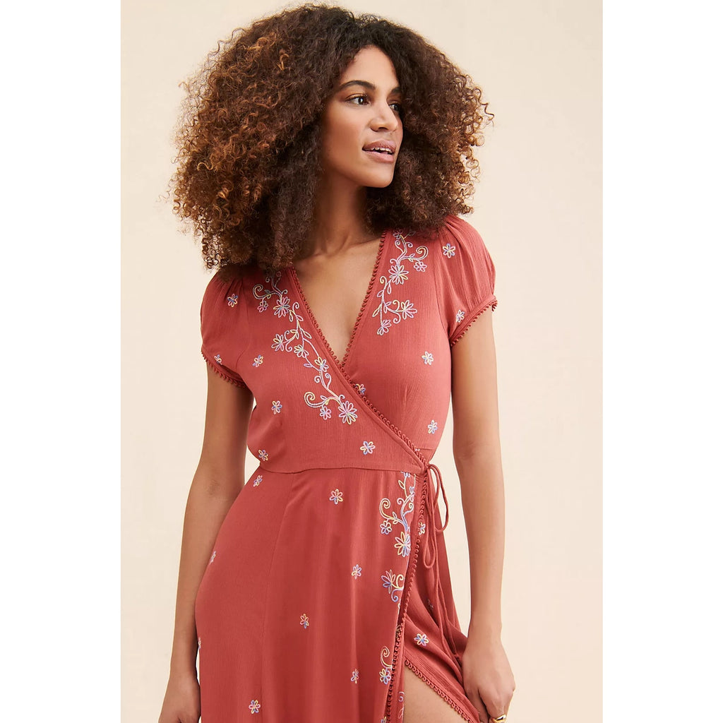 Free People Mia Wrap Boho Floral Embroidered Maxi Dress $168 X-SMALL