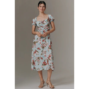 By Anthropologie Printed Midi Dress SMALL Light Blue Floral