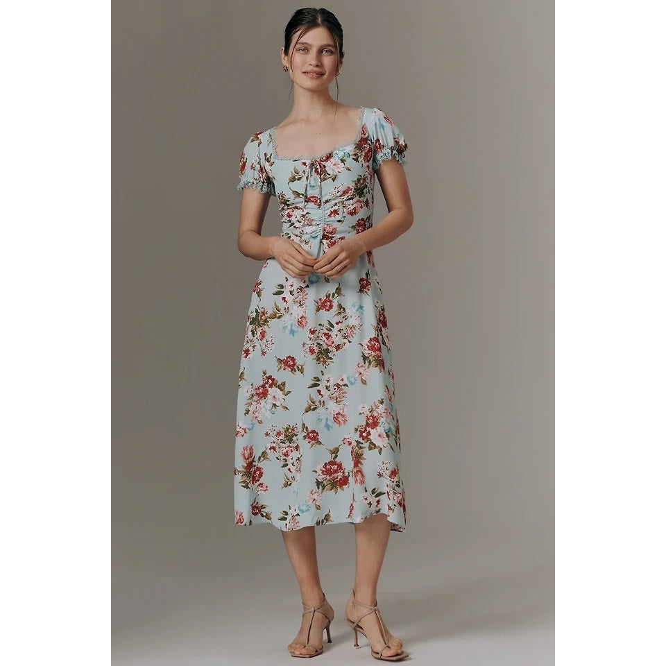 By Anthropologie Printed Midi Dress SMALL Light Blue Floral Anthropologie