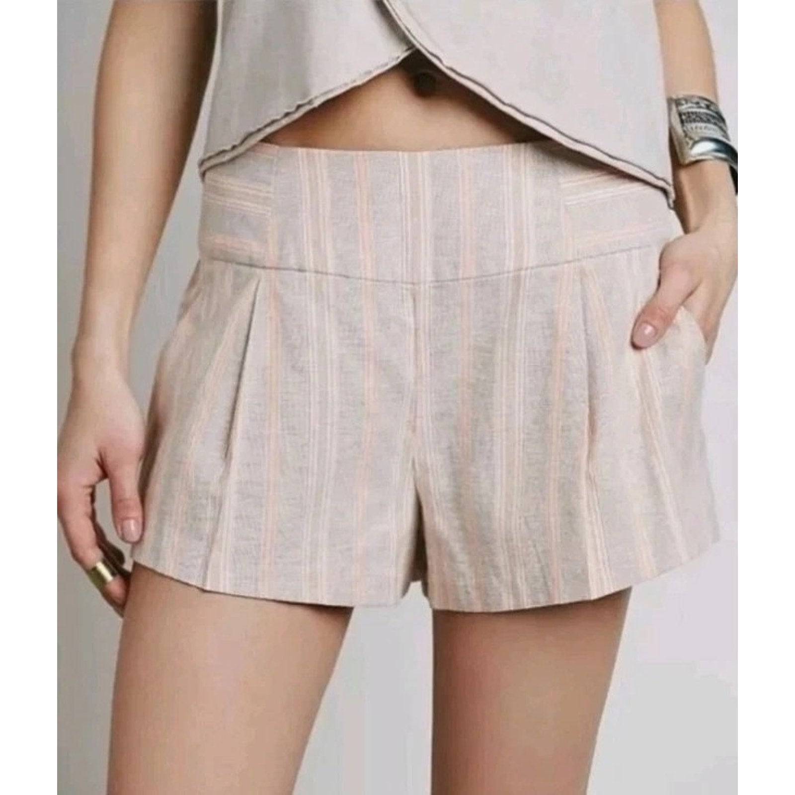 New Free People Austin Striped Linen Blend Shorts $88 Size Small Orange Coral