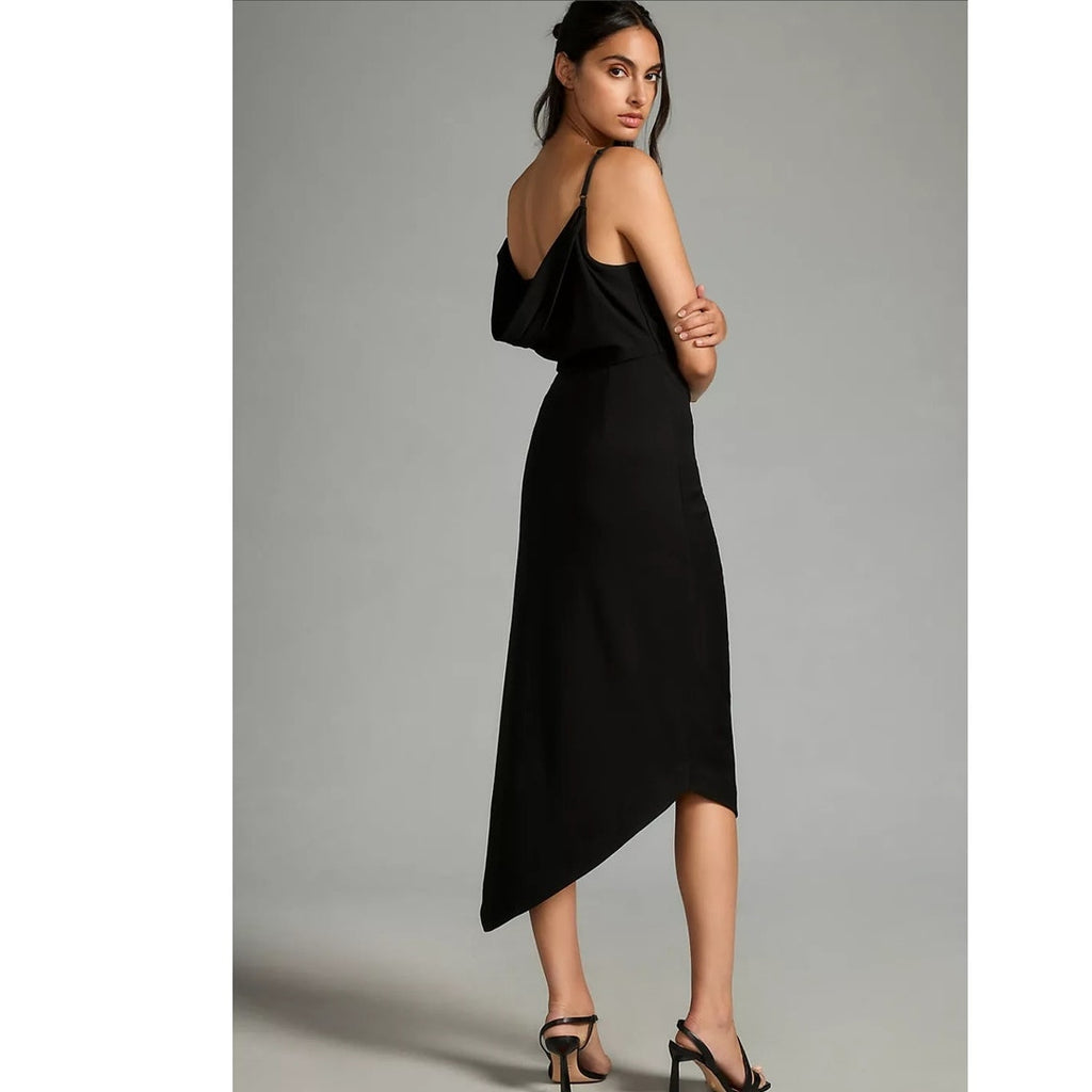 New By Anthropologie Cowl-Neck Ruched Dress $160 X-SMALL Black Asymmetrical