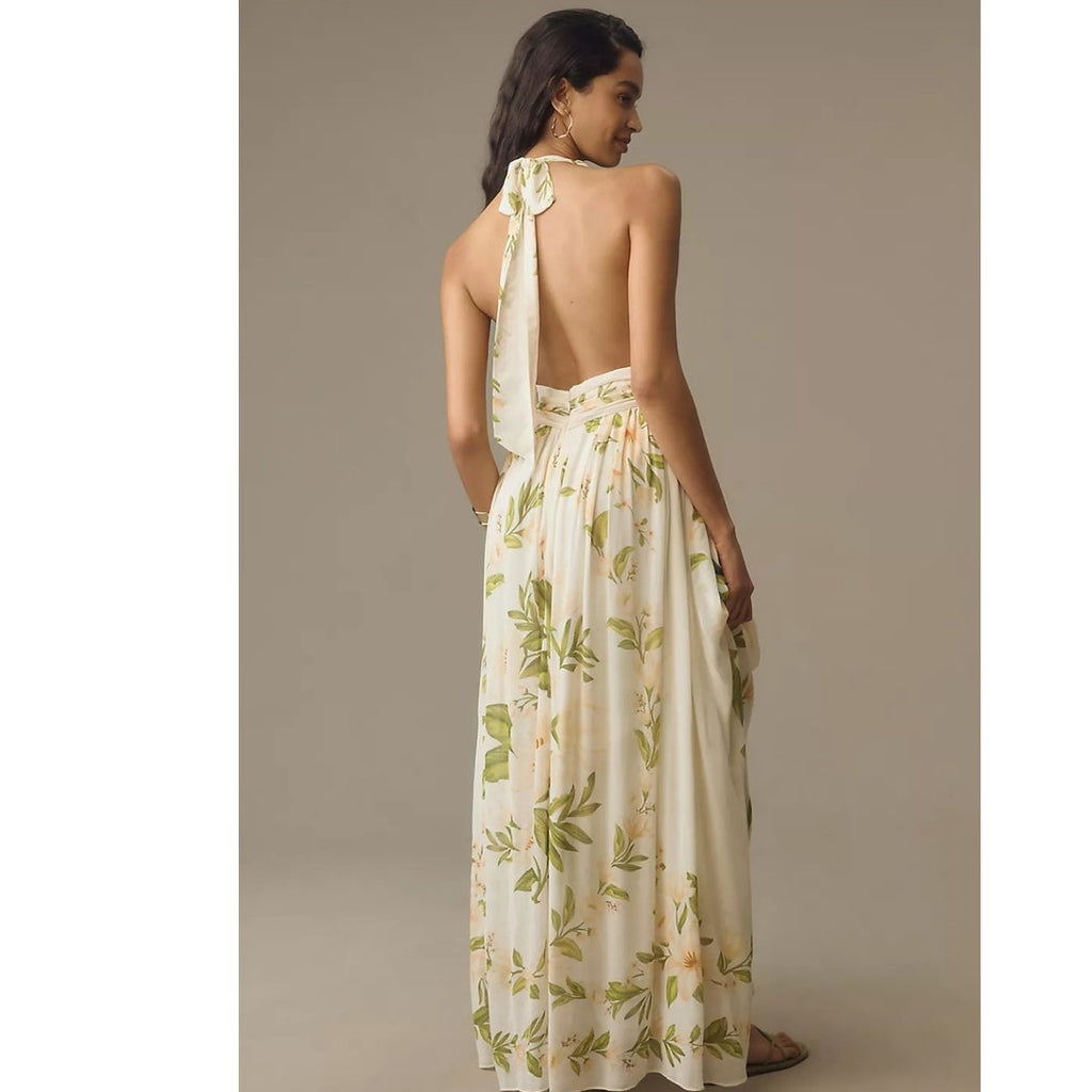 New Farm Rio x Anthropologie V-Neck Floral Chiffon Maxi Dress $258 SMALL Halter