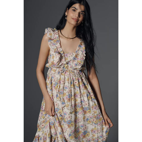 Floral ruffle maxi dress with square neckline and ruched bodice, ruffled straps