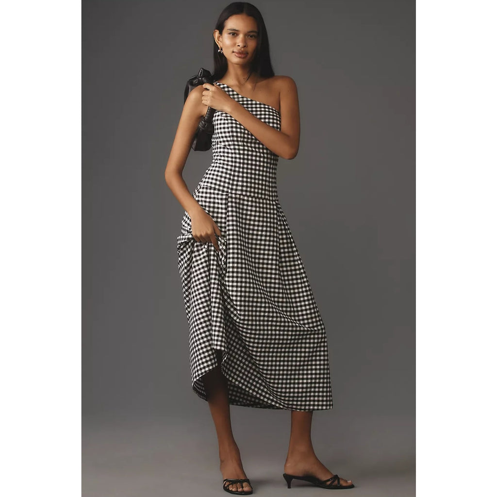 New By Anthropologie One-Shoulder Gingham Midi Dress $168 X-SMALL Black