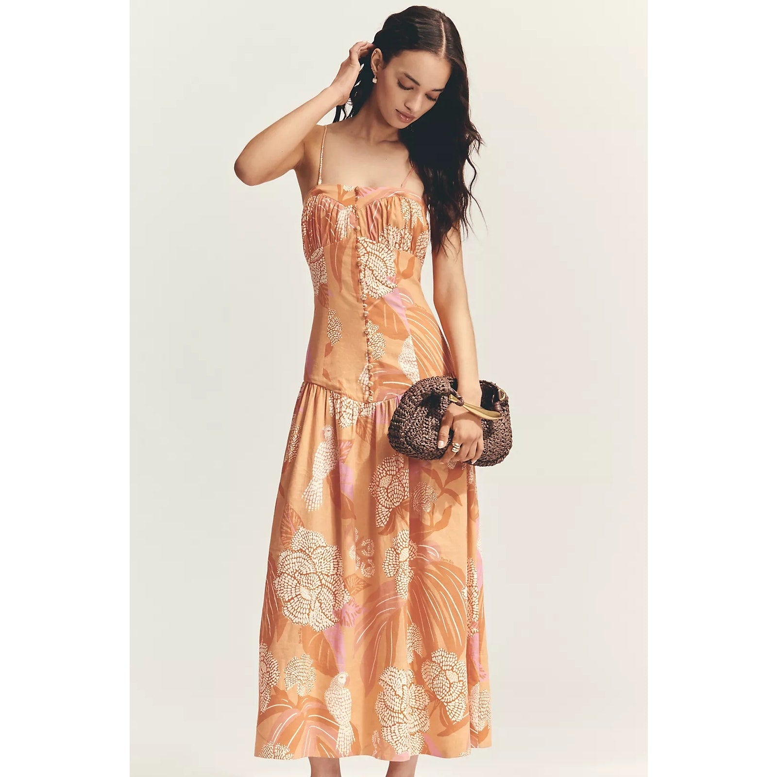 Farm Rio x Anthropologie Linen Blend Strapless Drop-Waist Maxi Dress LARGE Anthropologie