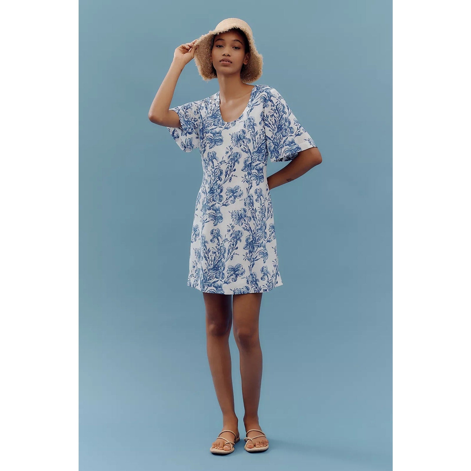 ANTHROPOLOGIE Porridge Short-Sleeve Crew-Neck Linen Printed Mini Dress Anthropologie