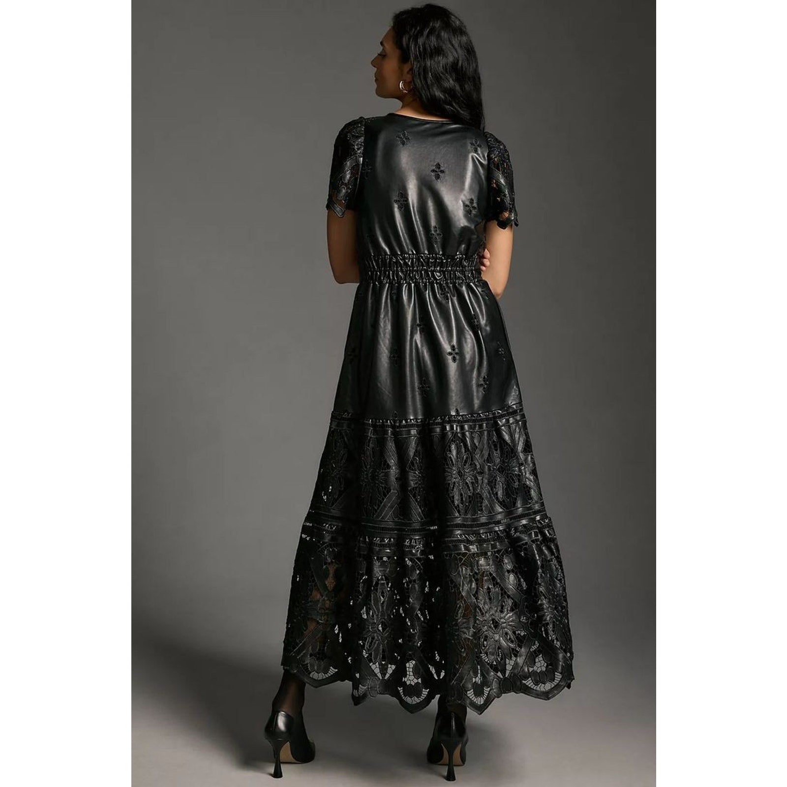 Anthropologie The Somerset Maxi Dress: Faux Leather Embroidered BLACK XS