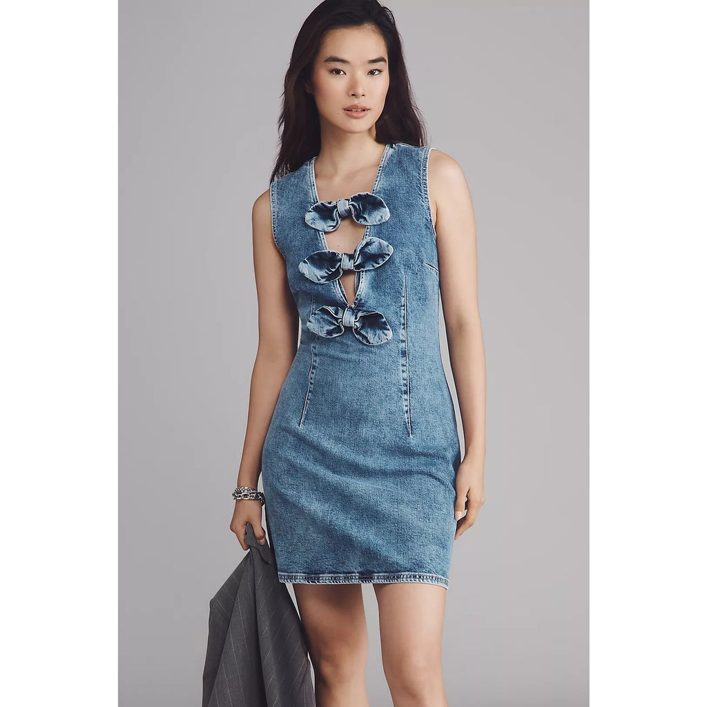 New ANTHROPOLOGIE Baum und Pferdgarten Ajki Bow Denim Mini Dress $249 SIZE 8