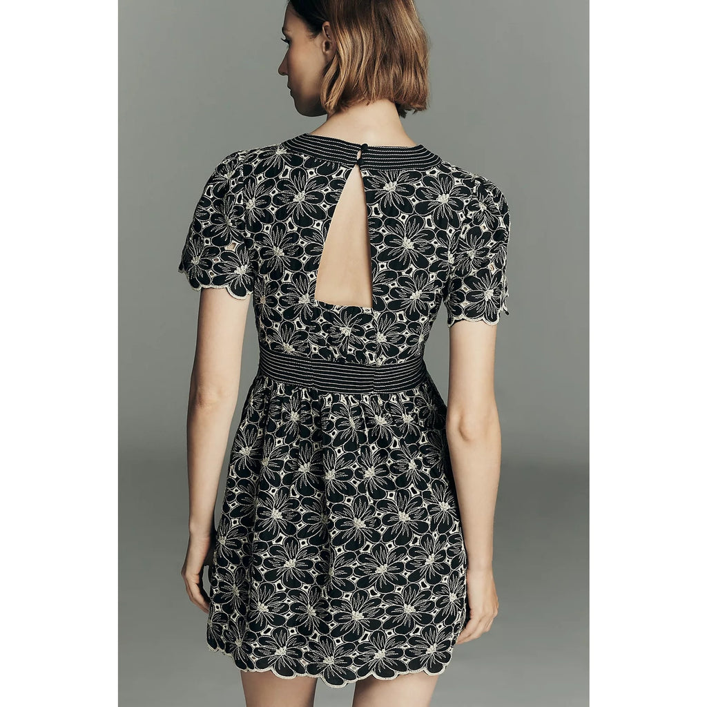 Anthropologie Maeve Cotton Lace V-Neck Mini Dress MP MEDIUM PETITE B&W Anthropologie