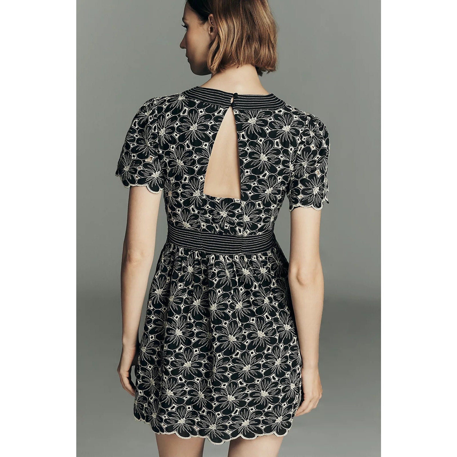 Anthropologie Maeve Cotton Lace V-Neck Mini Dress MP MEDIUM PETITE B&W Anthropologie
