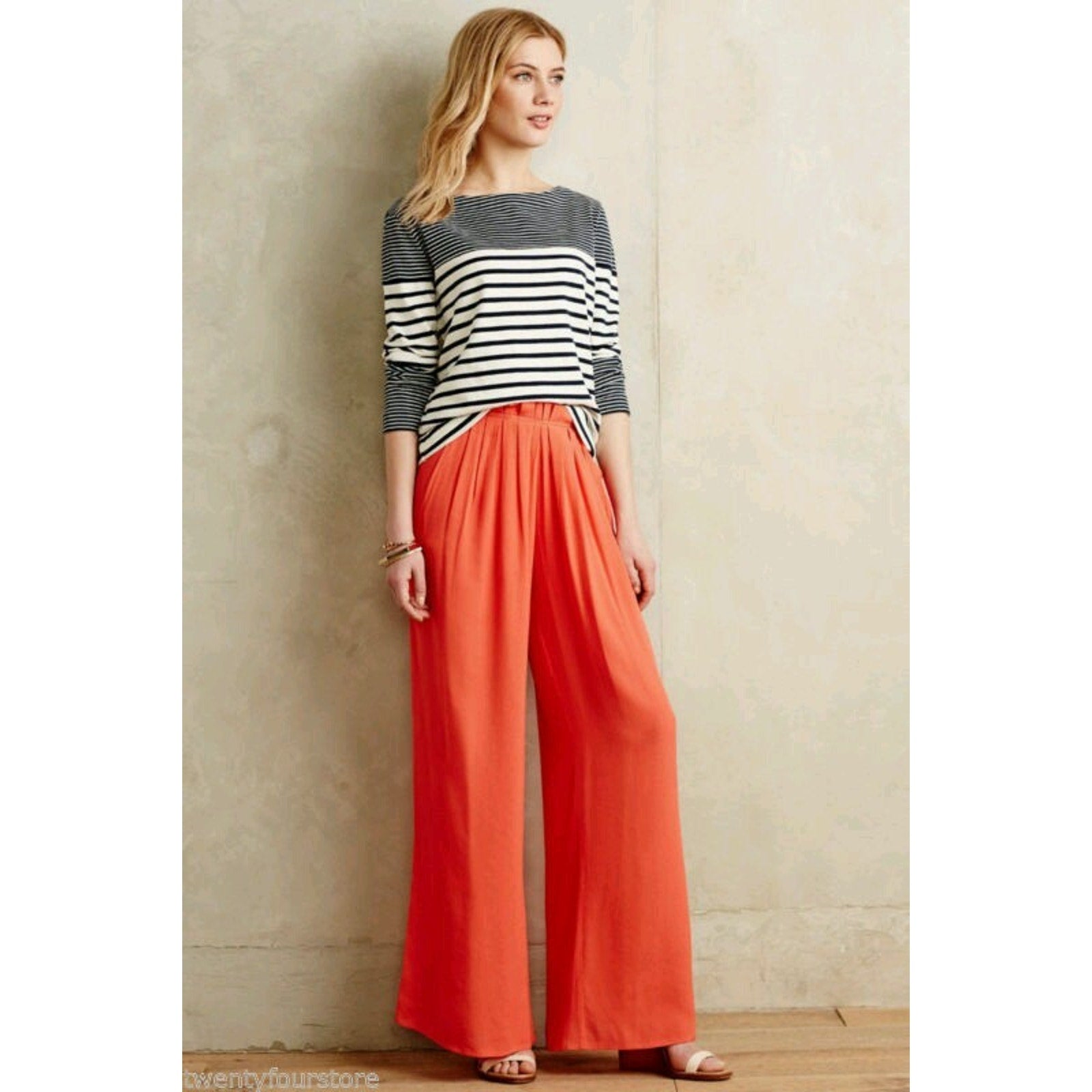 New Anthropologie Harlyn Sabie Wide Leg Coral Orange Lightweight Pants Small