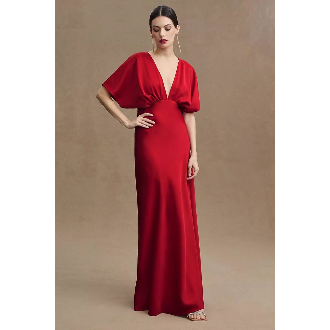 Anthropologie BHLDN Leila Deep-V Flutter-Sleeve Satin A-Line Gown SIZE 22W Anthropologie