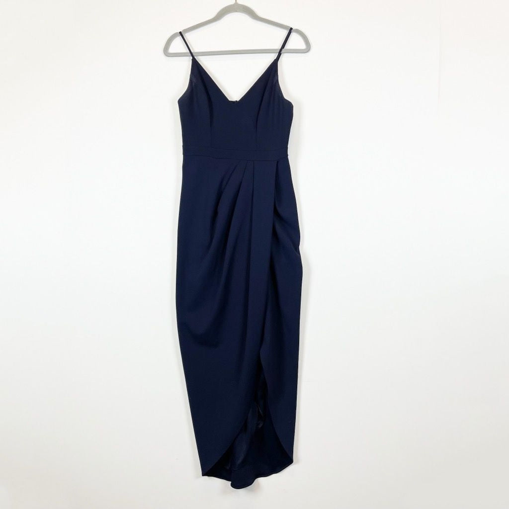 New Anthropologie BHLDN Lyra V-Neck Faux-Wrap Stretch Crepe Midi $198 Sz 10 Navy