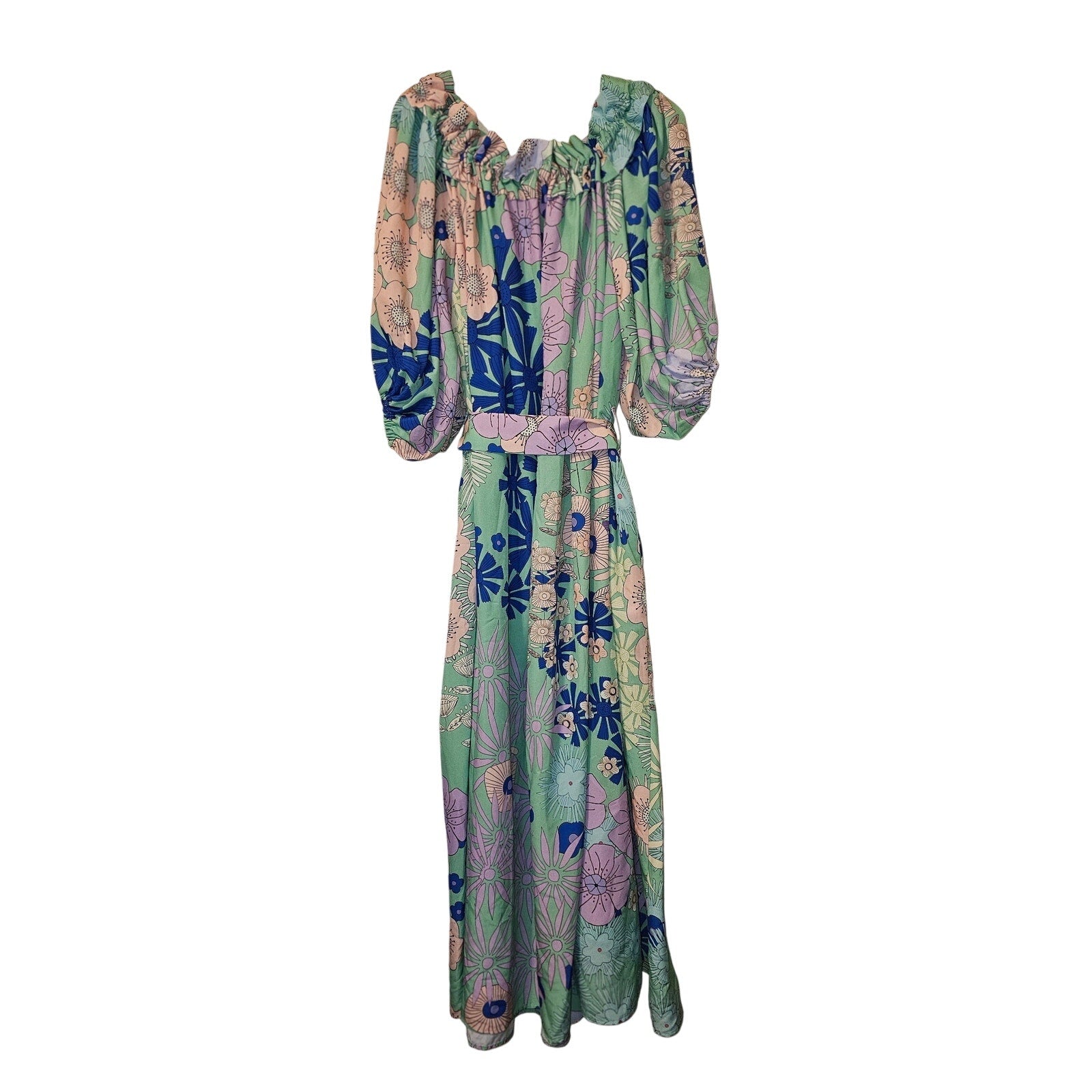 ANTHROPOLOGIE Oopscool Off-The-Shoulder Floral Midi Dress MEDIUM Green Anthropologie
