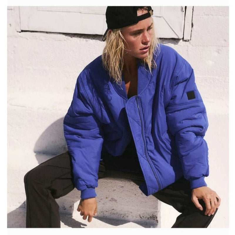 New Free People FP MOVEMENT Midnight Moon Solid Bomber Jacket $168 LARGE Colbalt