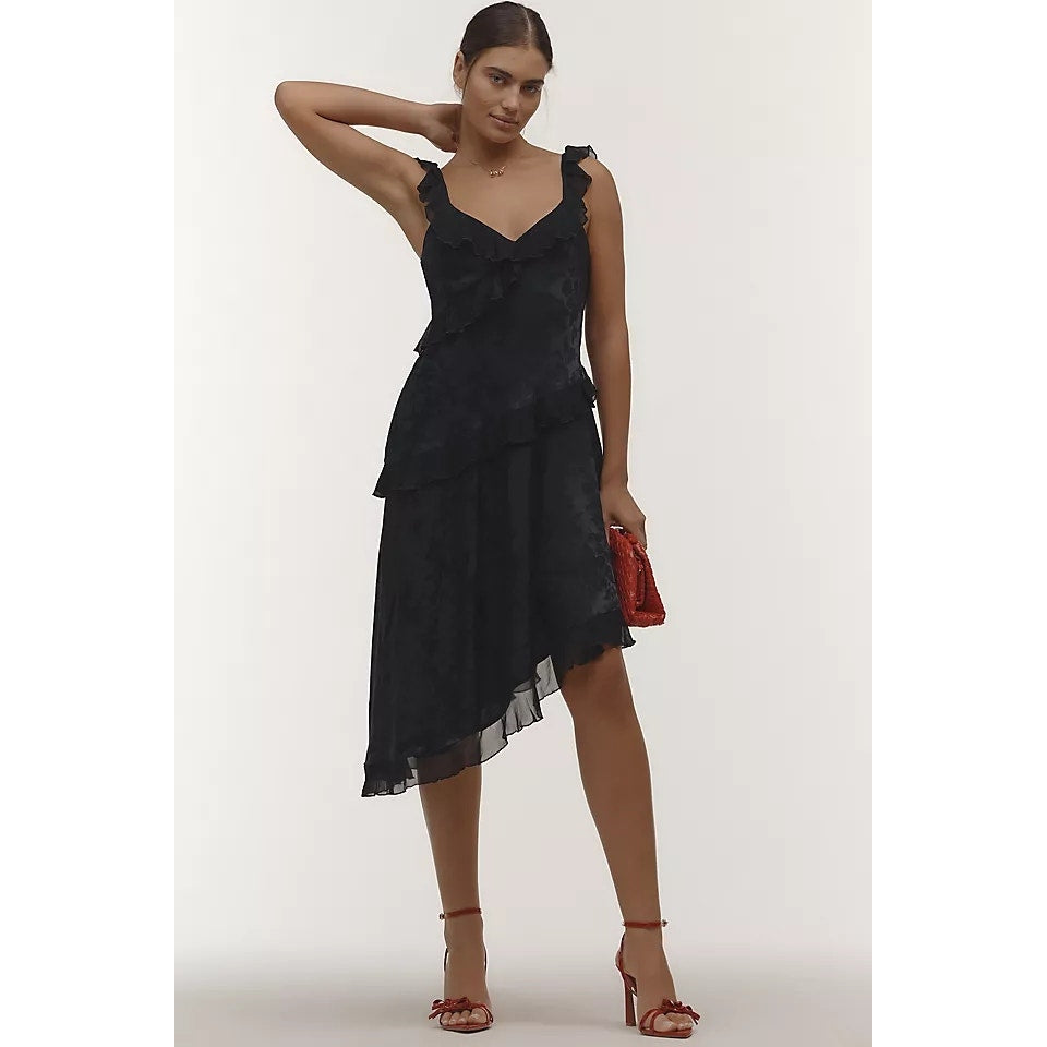 New By Anthropologie V-Neck Ruffle Asymmetric Midi Dress $168 X-SMALL Black