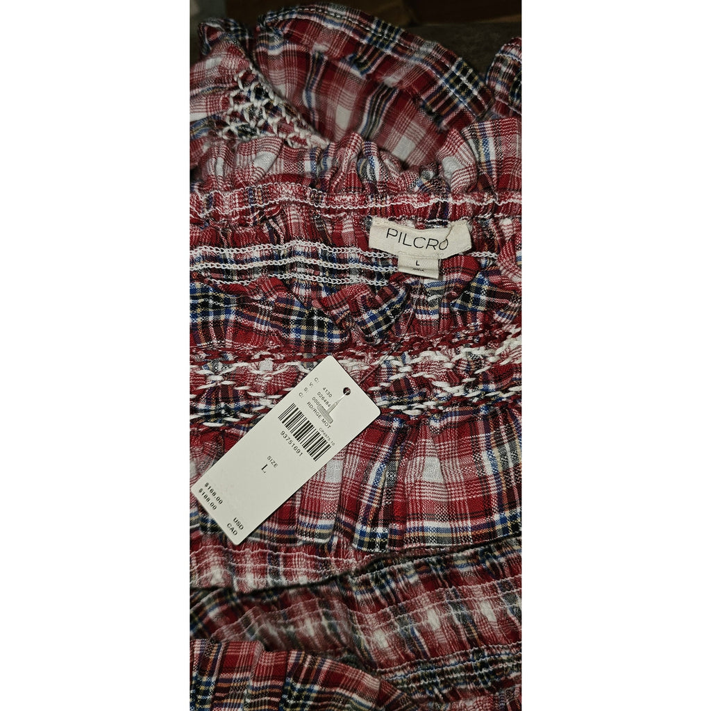 Anthropologie Pilcro Smocked Plaid Mini Dress $168 LARGE Red Long-Sleeve