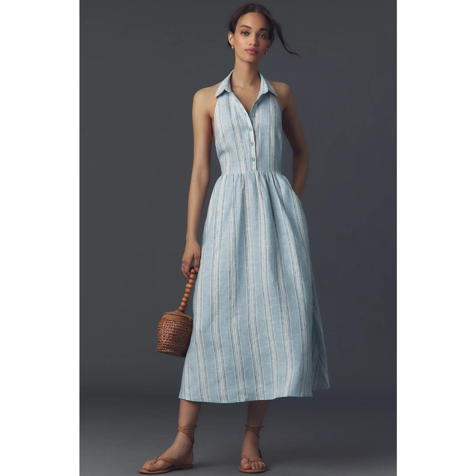 Anthropologie Reformation Tace Linen Midi Shirt Dress $248 SZ 10 Blue Stripe Anthropologie