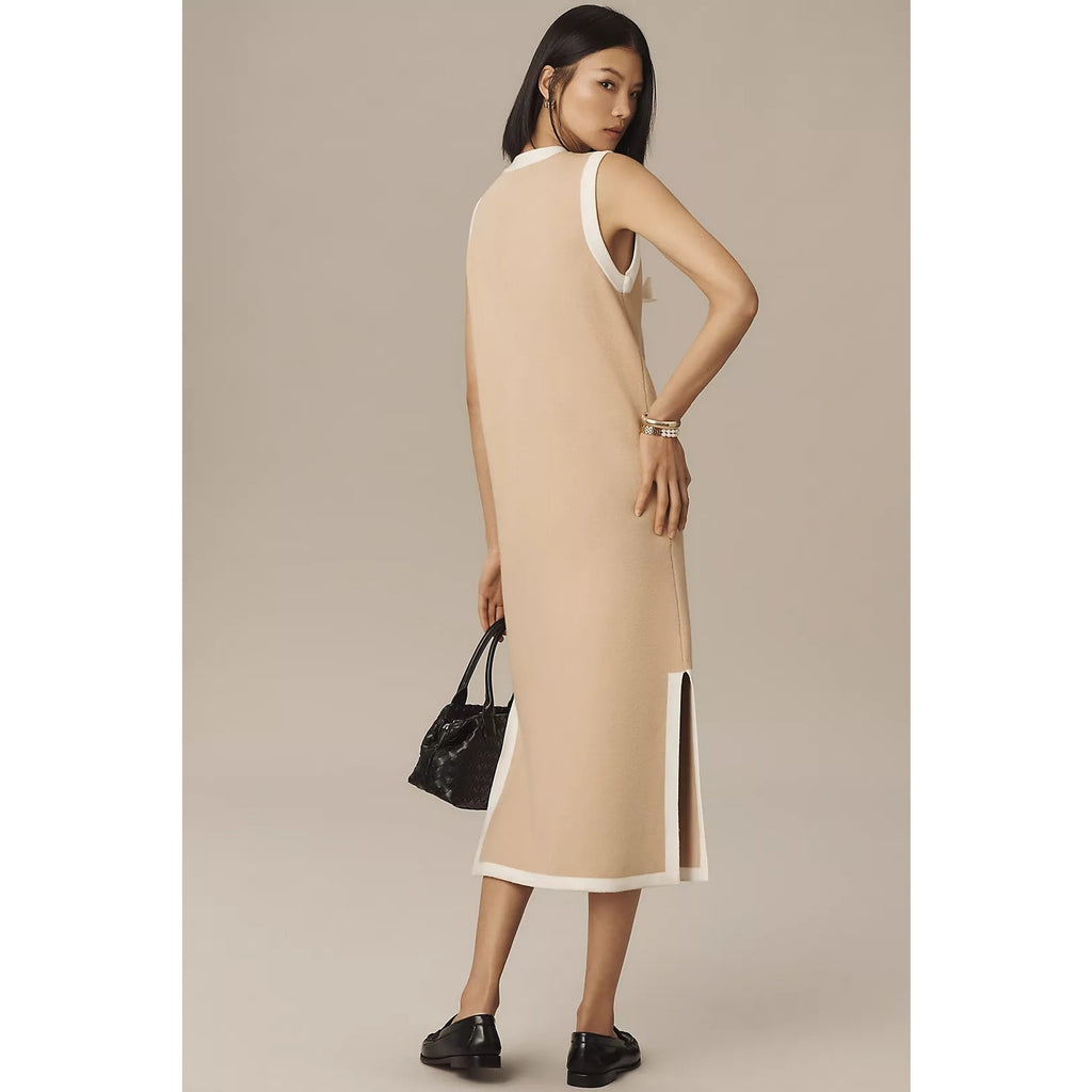 Sleeveless knit midi dress with contrast trim and back button detail; side slit