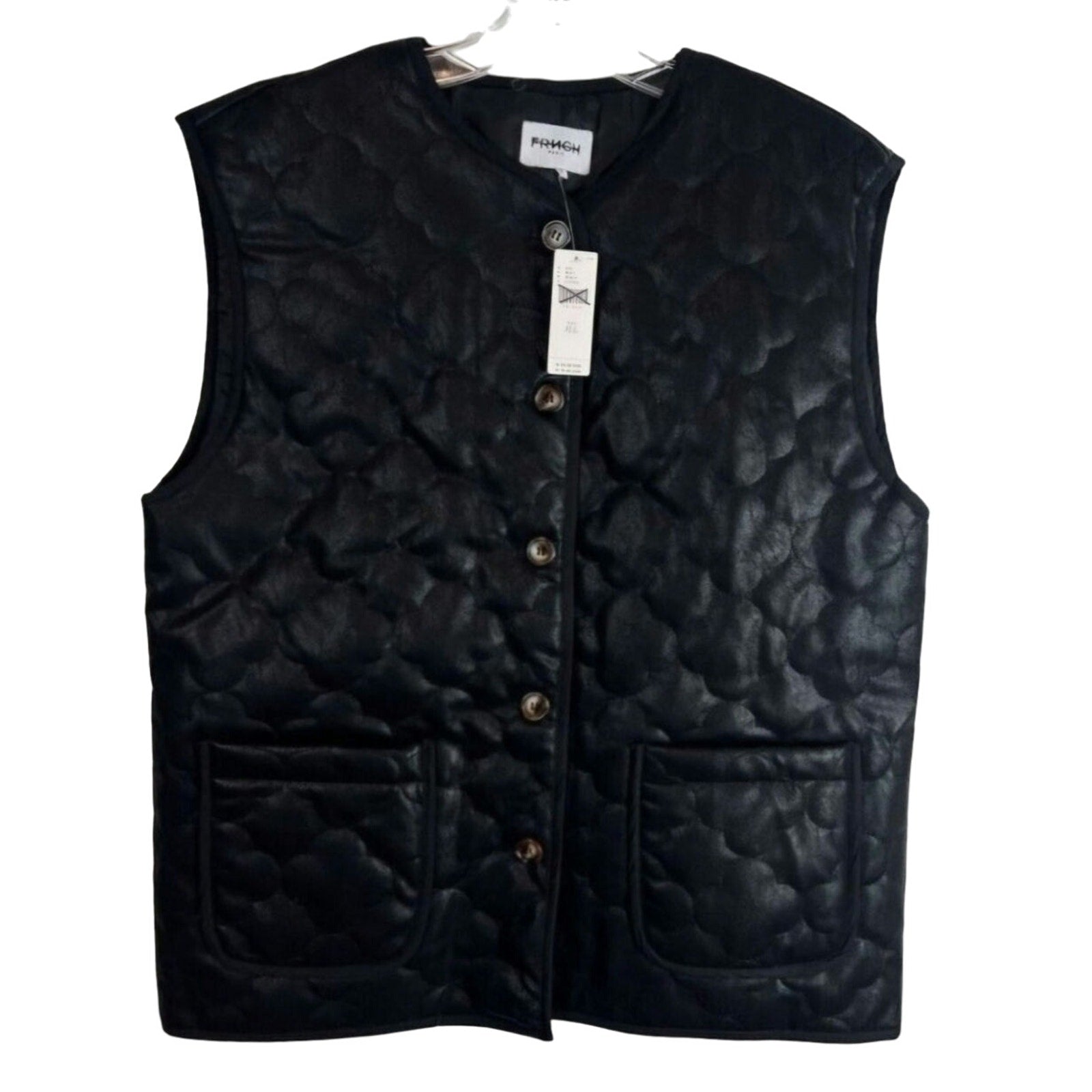 New Anthropologie FRNCH Paris Gisette Faux Leather Quilted Vest $150 OS Black