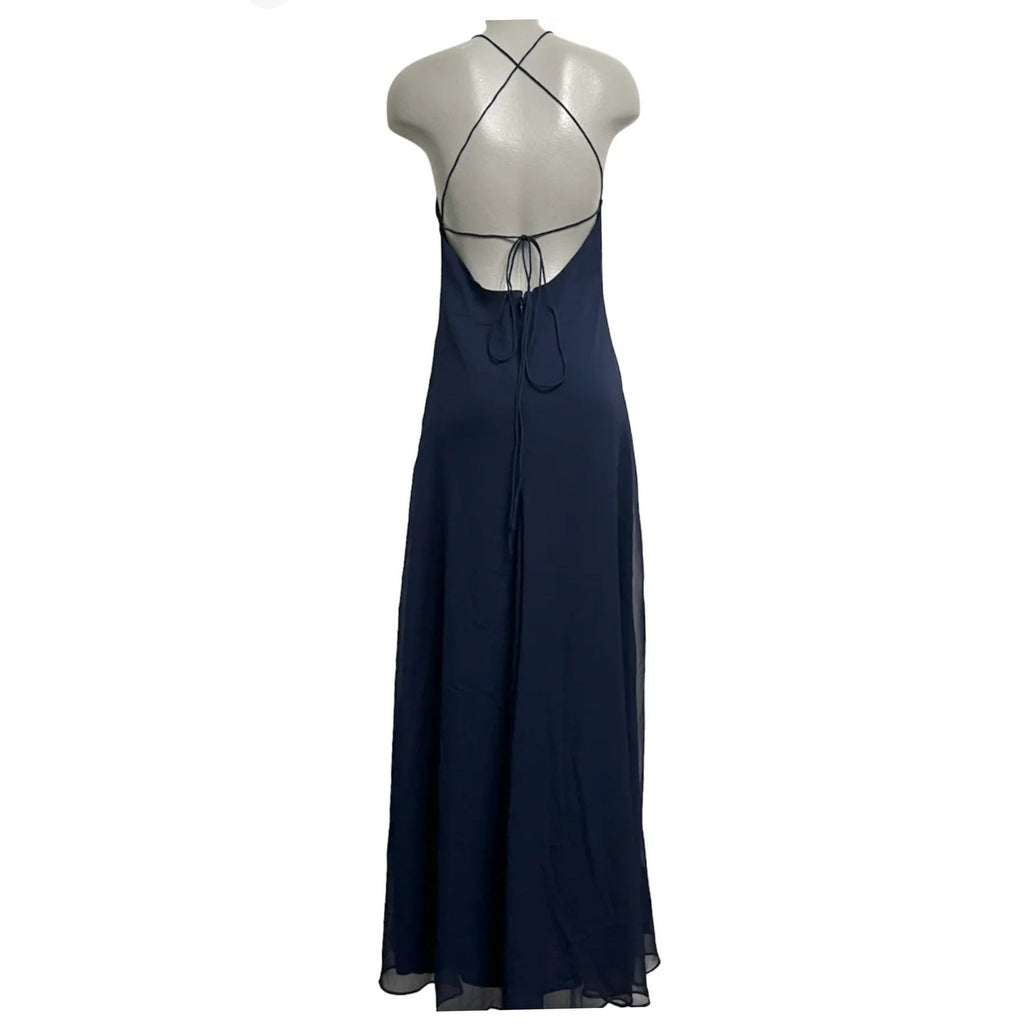 New Free People Simone Maxi Dress $250 SIZE 0 Navy V-neck Adjustable Lace-up