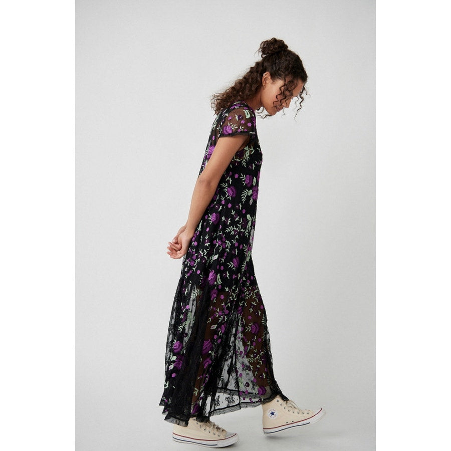 New Free People Sky Bright Floral Midi Dress $228 SMALL Black/Purple Sheer Mesh