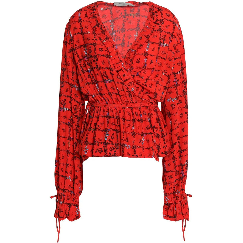 NEW Preen Verena Ruffel Trim Floral Crepe Long Sleeve Wrap Top Medium