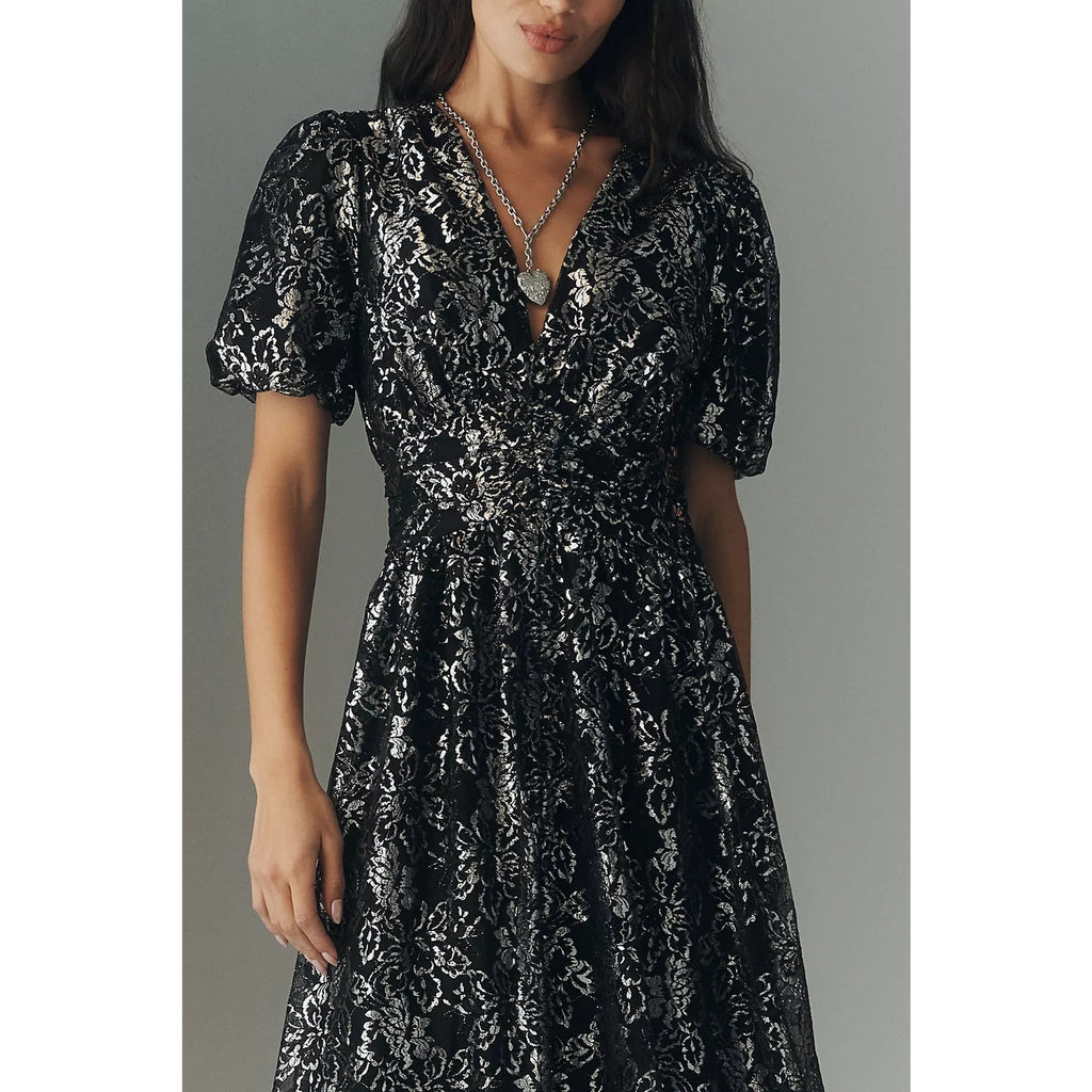 Anthropologie The Katerina Metallic Lace Button-Front Dress XS Black Anthropologie